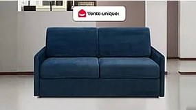 Kanapa CALIFE – rozkładana, 3-osobowa, typu express, welur – kolor granatowy – miejsce do spania 140 cm – materac 14 cm