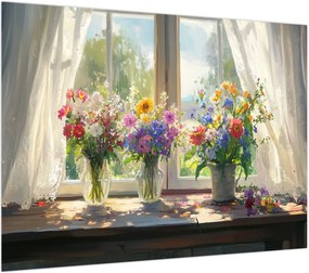 Obraz na szkle - Bukiet przy oknie (70x50 cm)