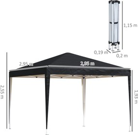 Outsunny Pawilon 2,95 x 2,95 m Składany Pawilon Ogrodowy, Partytent, Ochrona przed UV, Stal+Tkanina Oxford, Czarny