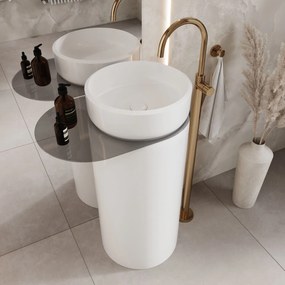 Umywalka z konglomeratu wolnostojąca okrągła z półką szklaną 85 x 40 cm RONA bez przelewu | Różne kolory półki : Kolor szkła - Grafitowy, Kolor umywalki RONA - Biały matowy, Podłączenie syfonu - Do ściany, Półka - Szklana