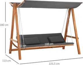 Outsunny Huśtawka Ogrodowa z Funkcją Łóżka 3-osobowa, Huśtawka z Drewna Modrzewiowego z Regulowanym Dachem Przeciwsłonecznym, Ławka Huśtawka Obciążenie 250kg, 225,5 x 113 x 180 cm Szary+Teak | Aosom PL