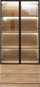 Witryna, kredens wysoki z 2 szufladami i 2 szklanymi drzwiami - 75 X 34,5 X 170 cm - drewno MDF - brązowy