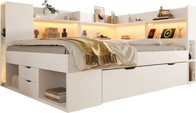 Rozkładana sofa 140x200cm - z LED - z USB/Type-C - z przegródkami do przechowywania i szufladami - biały​ (materac nie jest wliczony w cenę)