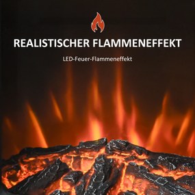 HOMCOM kominek elektryczny e-kominek z efektem płomienia termostat piec kominkowy 1000 W/2000 W, 20–25 m2, metal szkło hartowane czarny 44,5 x 32,1 x 74 cm