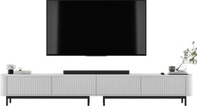 Szafka RTV 4-drzwiowa, fronty ryflowane, biały mat, czarne metalowe nogi, 280 cm - AURORA