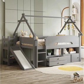 Łóżko dziecięce średniej wysokości - 90 x 200 cm - rama w kształcie dachu - z prowadnicą + szuflady - drewno - kolor szary