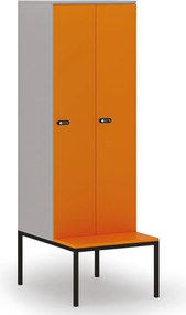 Drewniana szafa ubraniowa S4 z ławką, 2-drzwiowa, 1871 x 600 x 500/800 mm, demontaż, zamek mechaniczny z kodem, szary/pomarańczowy
