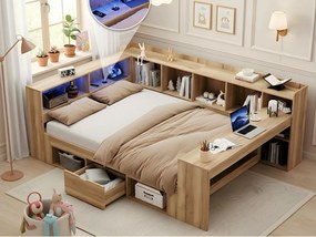 Rozkładana sofa 140x200cm - z LED i portem USB - Z biurkiem, 1 szufladą i półkami - MDF - Naturalny