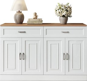 Nowoczesna komoda z półkami + 4 drzwi + 2 szuflady - 120 x 35 x 80,5 cm - płyta wiórowa - kolor biały