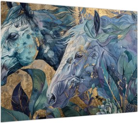 Obraz na szkle - Konie na złotym tle (70x50 cm)