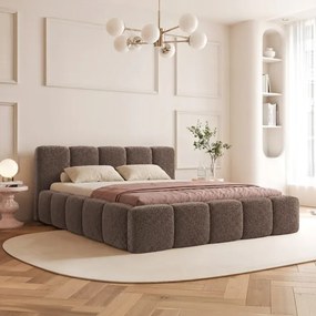 Łóżko Tapicerowane 140x200 cm VELMO z Pojemnikiem Brązowe Boucle Japandi