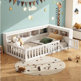 Łóżko dziecięce 90x200 cm - Łóżko pojedyncze z oświetleniem LED i gniazdkami, półką - białe - bez materaca