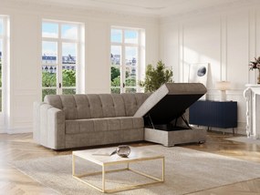 Kanapa narożna rozkładana typu express , tapicerowana tkaniną teksturowaną w kolorze taupe - Stelaż z szerokimi listwami 160 cm - Materac 18 cm - DARIELO