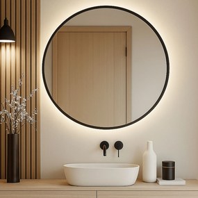 Lustro okrągłe podświetlane w czarnej ramie mat VALO Slim LED Black | Różne rozmiary : Średnica - 80 cm