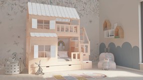 Łóżko piętrowe domek Marulla 107P z pełnym dachem, schodkami i okiennicami