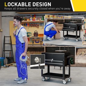HOMCOM Mobilna szafka narzędziowa na kółkach, skrzynka narzędziowa z szufladami, blat roboczy, zamykana, z uchwytem, stal, czarny