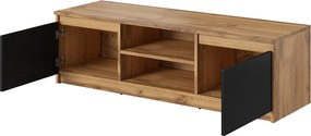 Prosta szafka RTV 120 cm z LED, pod telewizor, 2 szafki i półki, korpus dąb wotan, fronty czarny mat