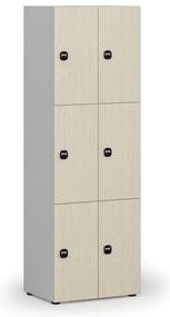 Drewniana szafka skrytkowa S4, 6 schowków, demontaż, zamek RFID, szary/brzoza