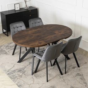 Zestaw Stół Okrągły Rozkładany LUKAS 100-250 cm Dąb Rustykalny/Czarny i 4 Krzesła Tapicerowane RICK Szare Welurowe Nowoczesne