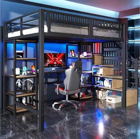Łóżko piętrowe dla dzieci - 140 x 200 cm - rama żeliwna - z biurkiem + diody LED + port USB + półka + drabinka - metalowe - czarne