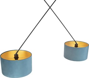 Lampa wisząca czarna z niebieskimi i złotymi abażurami z weluru 35 cm 2-światłowa - Blitz