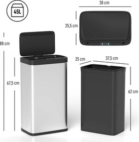 HOMCOM Kosz z czujnikiem, 45 l kosz kuchenny z pokrywą z cichym domykaniem, czujnik ruchu do kuchni, sypialni, biura, Srebrny | Aosom PL