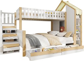 Łóżko piętrowe 90x200cm + 140x200cm - z drabiną - 2 szuflady - z przechowywaniem - Biały + Naturalny