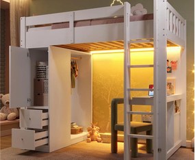 łóżko piętrowe 90x200 cm - 4 szuflady i szafa - z biurkiem - z LED i portem USB - Biały (materac nie jest wliczony w cenę)