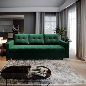 Masseno Sofa MILO z funkcją spania i pojemnikiem na pościel, Rozkładana sofa - Butelkowa zieleń, KRONOS 19