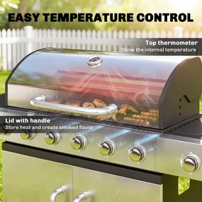 Outsunny Grill gazowy 18,6 kW 6+1 palników BBQ wózek grillowy ze stali nierdzewnej z kółkami, termometrem, półką podgrzewającą, bocznymi stolikami i szafką | Aosom PL