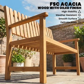 Outsunny Ławka ogrodowa 2-osobowa, odporna na warunki atmosferyczne, drewniana ławka z lamelowym designem i podłokietnikami, do 320 kg, 112 x 64 x 92 cm, naturalne drewno | Aosom PL