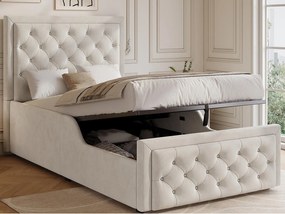 Tapicerowane łóżko 90 x 200 cm - Hydrauliczna skrzynia do przechowywania - Welur - Beżowy (Materac nie jest wliczony w cenę)