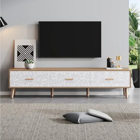 Szafka RTV z 3 szufladami - 150 x 35 x 39 cm - Płyta wiórowa - do salonu - Biały i drewno