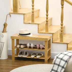 HOMCOM Ława na Buty, 3 Poziomy, Pomieści 6-9 Par Butów, do 130 kg, Bambus, 70 x 28 x 45cm