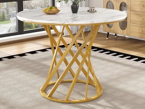 Okrągły stół jadalny - nogi metalowe - okleina z wzorem marmuru - dla 2 do 4 osób - MDF - Biały & Złoty