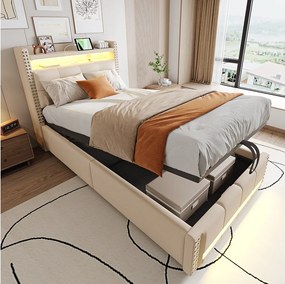 Łóżko ze schowkiem 90x200 cm - Pościel beżowa - Łóżko dziecięce z oświetleniem LED i portami USB - bez materaca