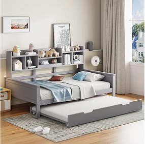 Łóżko pojedyncze z wysuwanym łóżkiem - 90 x 200 cm + 90 x 190 cm - Sofa rozkładana z miejscem do przechowywania - Drewno sosnowe + sklejka + MDF - szary