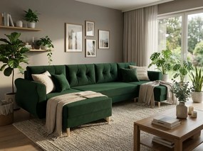 Rozkładana sofa narożna w kształcie U SILVIANO 300x140 cm, ciemnozielona + 2 poduszki GRATIS