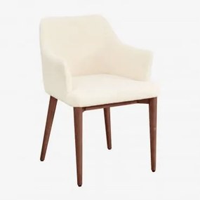 Krzesło Do Jadalni Z Podłokietnikami Z Owczej Skóry Banfil Ciemne Drewno & Chenille Biały - Sklum