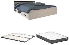 Łóżko ze skrzynią 140 × 190 cm – 2 szuflady i 1 wnęka: Naturalne + Stelaż + Materac – PABLO