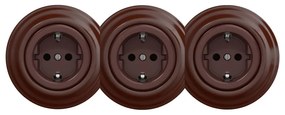 Kliklap - Potrójne retro gniazdko ścienne z ramką SCHUKO 230V, brązowe