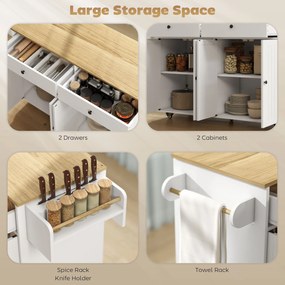 HOMCOM Przesuwna wyspa kuchenna na kółkach, 2 szuflady, 2 szafki, przesuwna, półka na przyprawy, uchwyt na ręcznik, uchwyt na noże, MDF, Biały
