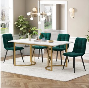Zestaw do jadalni, stół-140×80×75cm z 4 krzesłami, MDF+metal+aksamit, złoto+biel+ciemna zieleń
