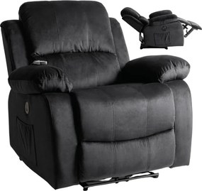 Fotel Masujący ARON Elektryczny Rozkładany z Podnóżkiem Czarny Welurowy Nowoczesny