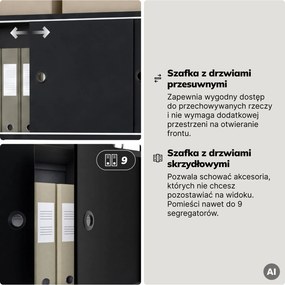 Regał na segregatory z szafką zamykaną, biurowy, otwarte półki, metalowy czarny, 800x2200x400 mm: ARIEL