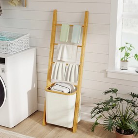 HOMCOM Regał łazienkowy, 2-w-1 z 3 drążkami, wyjmowany kosz na pranie 48L, bambusowy, 43 x 35 x 133 cm, kremowy | Aosom PL