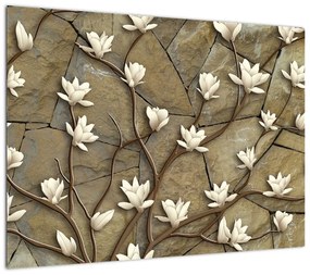 Obraz - Białe magnolie na murze kamiennym (70x50 cm)
