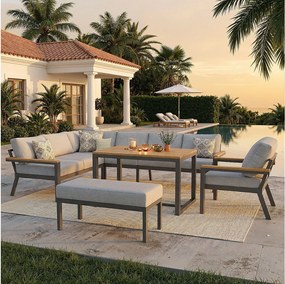 Zestaw mebli ogrodowych dla 8 osób - stół + fotel + ława + sofy + poduszki - metal - szary