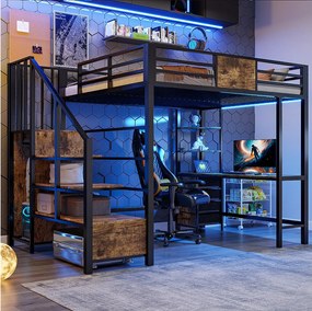 Łóżko piętrowe metalowe - 140 x 200 cm - z biurkiem + schodami do przechowywania + szafą + oświetleniem LED - czarne