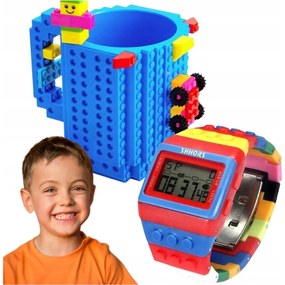 KUBEK KLOCKOWY DUŻY 350ML + KLOCKOWY CYFROWY ZEGAREK DLA DZIECKA REGULOWANY